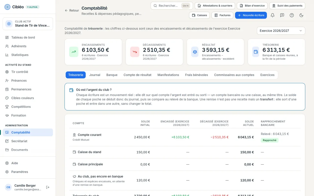 Comptabilité de trésorerie : encaissements, décaissements, résultat de l'exercice et rapprochement bancaire.